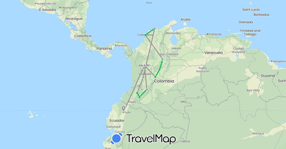 TravelMap itinerary: driving, bus, plane in Colombia, Ecuador (South America)
